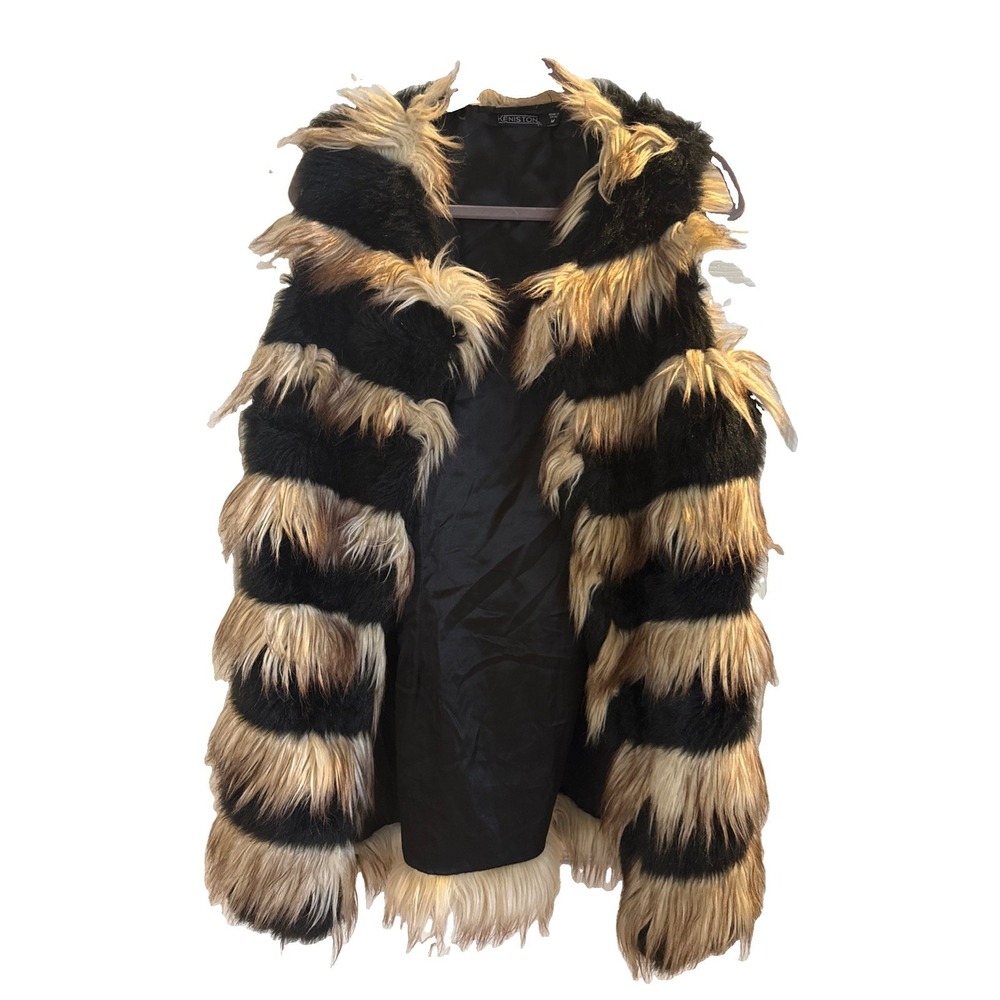 Keniston Faux Fur Vest Black Brown Striped Sleeveless Vest Open Front Size M